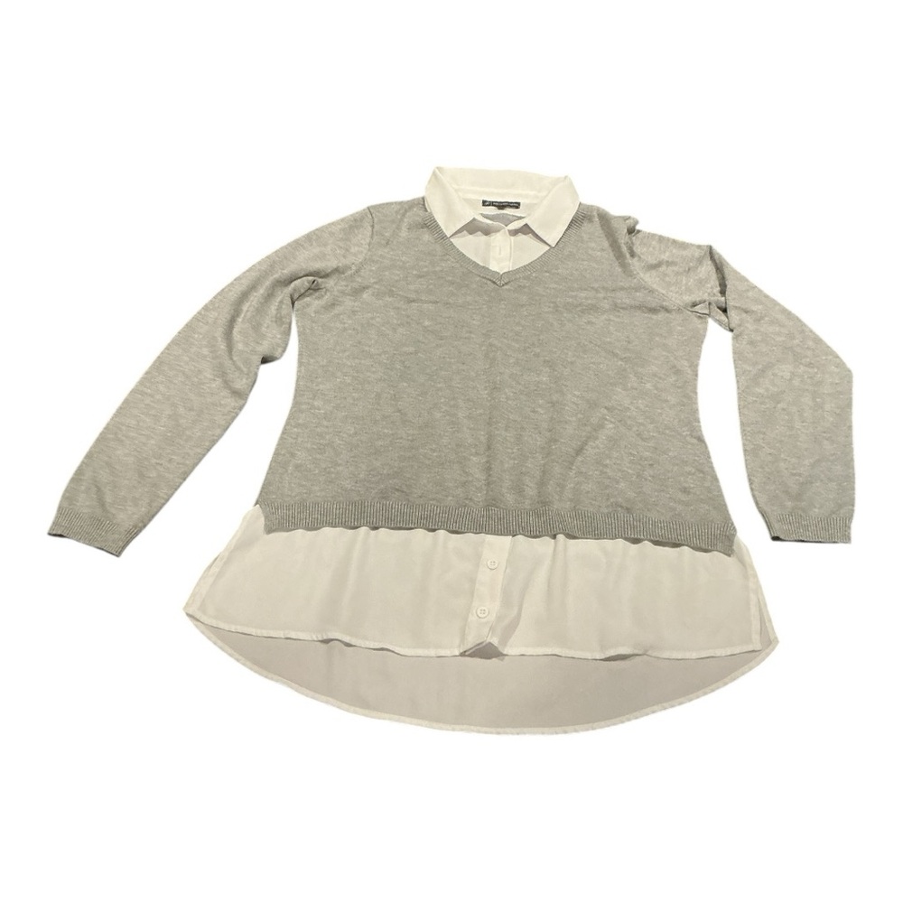 Adrianna Papell Layered Sweater Top Gray White Collar Long Sleeve Size L - Picture 6 of 8